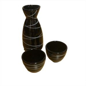 Sake Set 5" Carafe and Two Cups Black with White Striping Dishwasher Safe